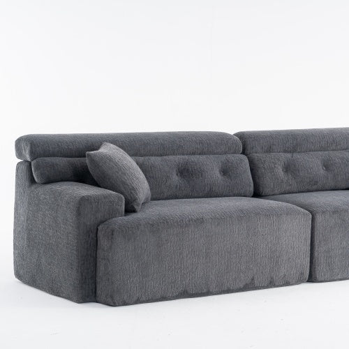 LY-029 GRAY COMPRESSION SOFA 4-seater Combined Sofa, Wood Grain Chenille Fabric, Full Sponge Compression Sofa,combined Sofa With 2 Pillows For Living  Home Furniture  Apartment