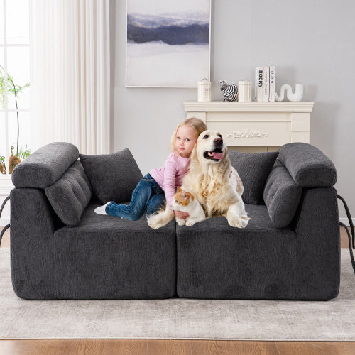 LY-029 GRAY COMPRESSION SOFA 4-seater Combined Sofa, Wood Grain Chenille Fabric, Full Sponge Compression Sofa,combined Sofa With 2 Pillows For Living  Home Furniture  Apartment